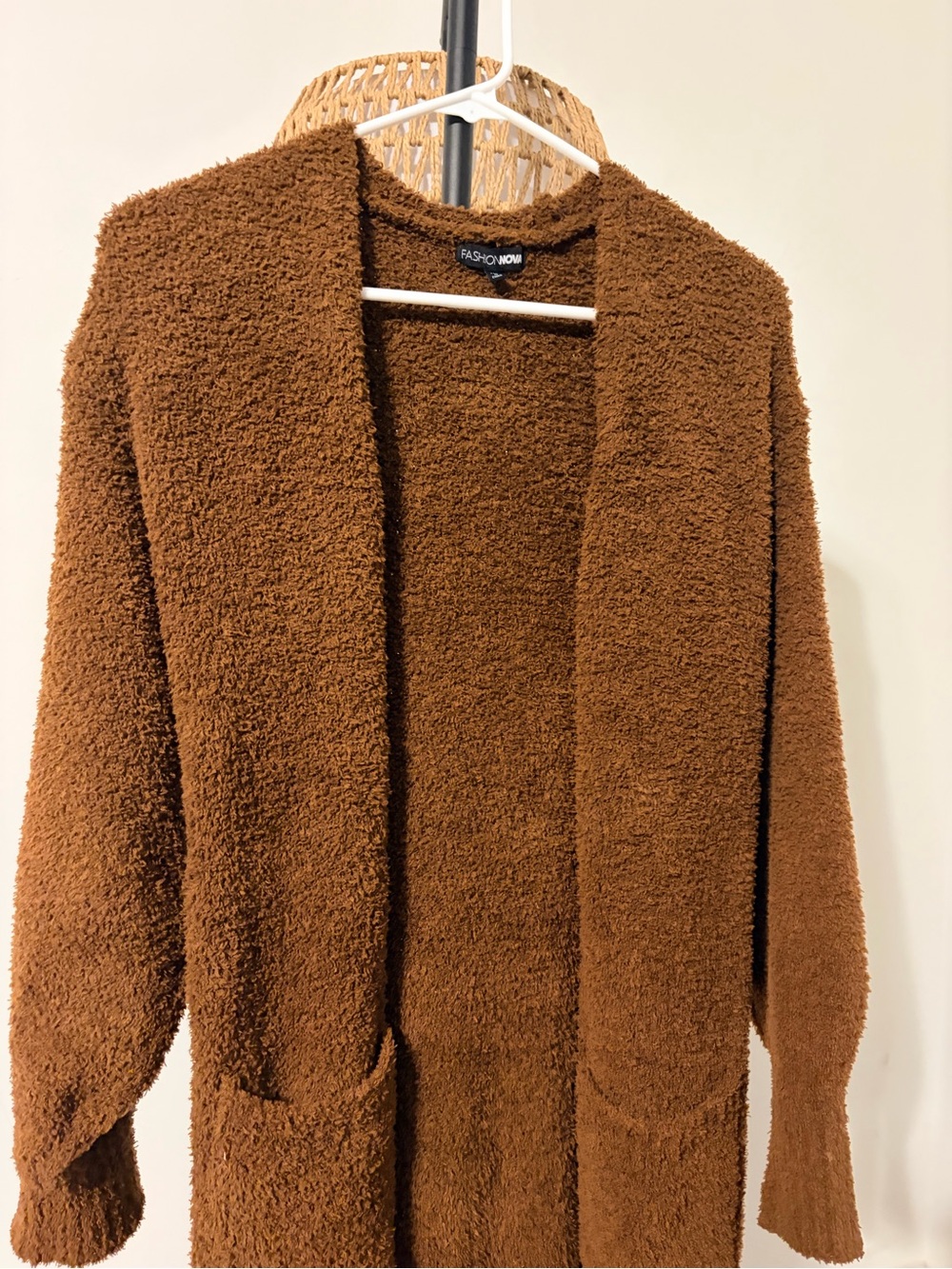Fashion Nova Plush Open-Front Cardigan in Brown